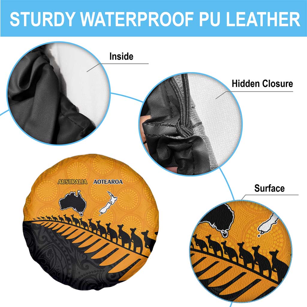 Australia New Zealand Rugby Spare Tire Cover Gold Aboriginal Wallabies and Maori Black Fern - Polynesian Pride