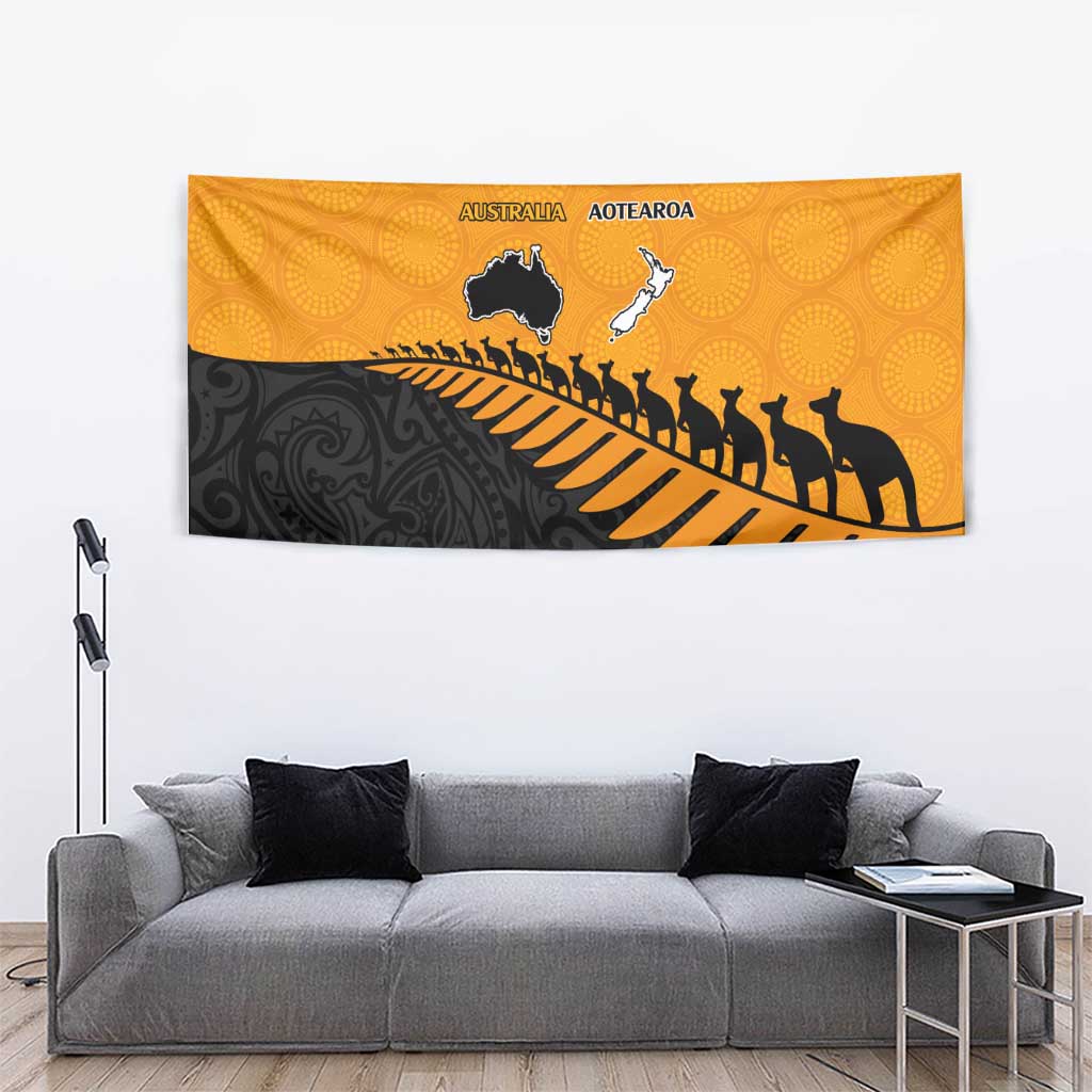 Australia New Zealand Rugby Tapestry Gold Aboriginal Wallabies and Maori Black Fern LT9 - Polynesian Pride