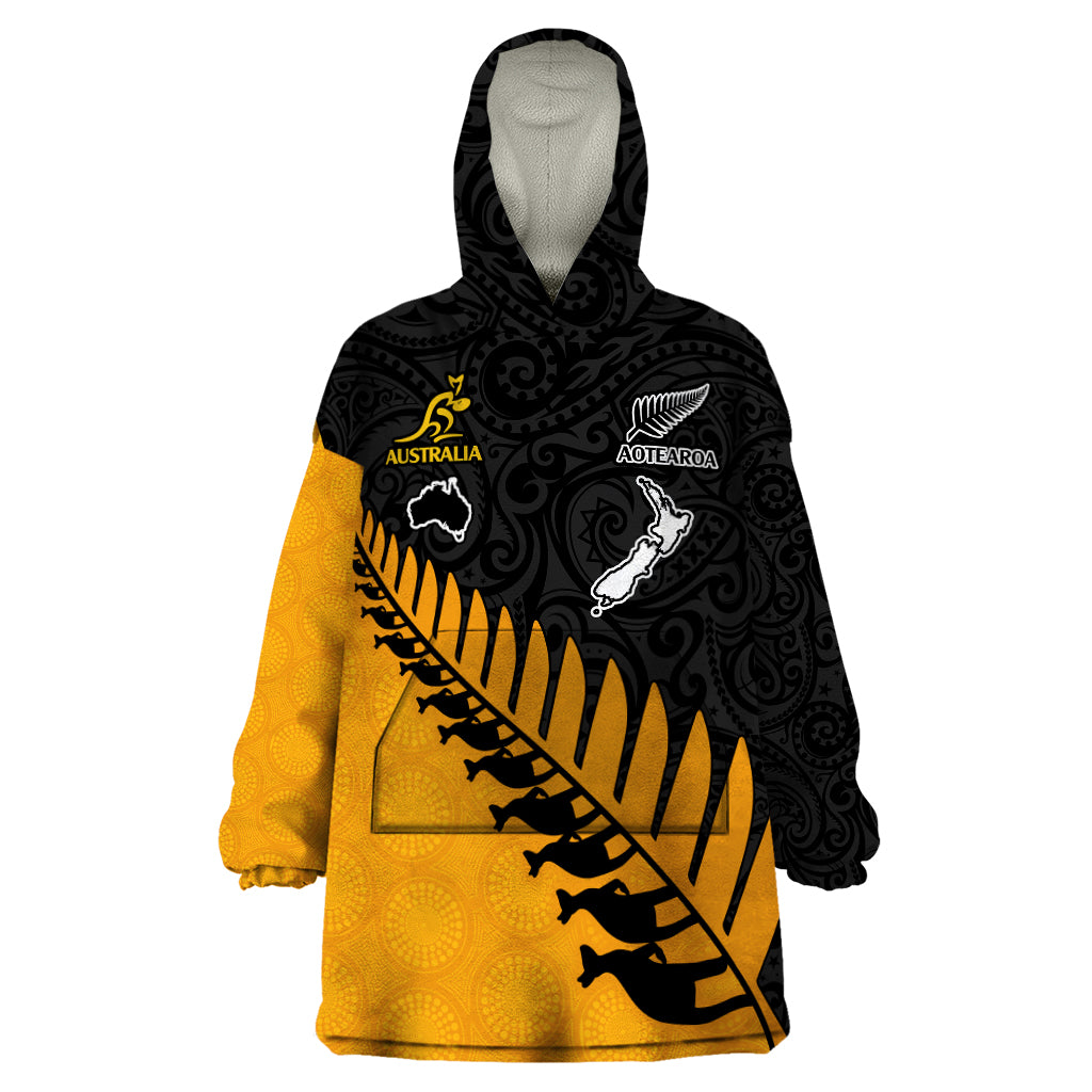 Custom Australia Wallabies and Aotearoa Rugby Wearable Blanket Hoodie Kangaroo Black Fern Maori Gold Vibe LT9 One Size Gold - Polynesian Pride