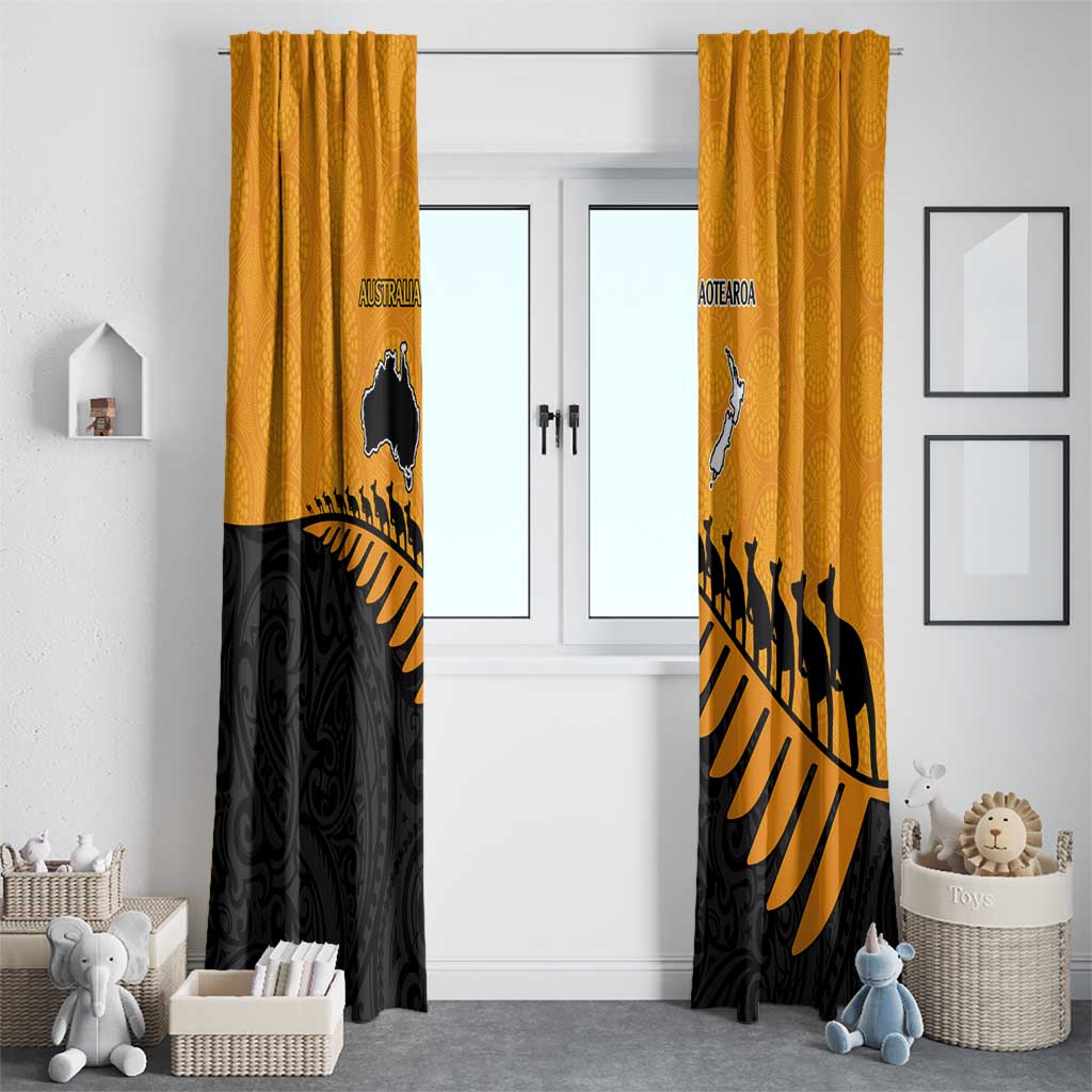 Australia New Zealand Rugby Window Curtain Gold Aboriginal Wallabies and Maori Black Fern - Polynesian Pride