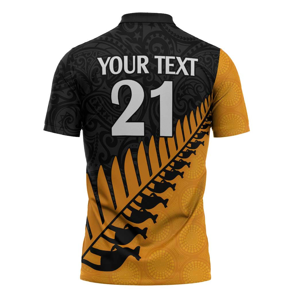 Australia New Zealand Rugby Zipper Polo Shirt Gold Aboriginal Wallabies and Maori Black Fern - Polynesian Pride