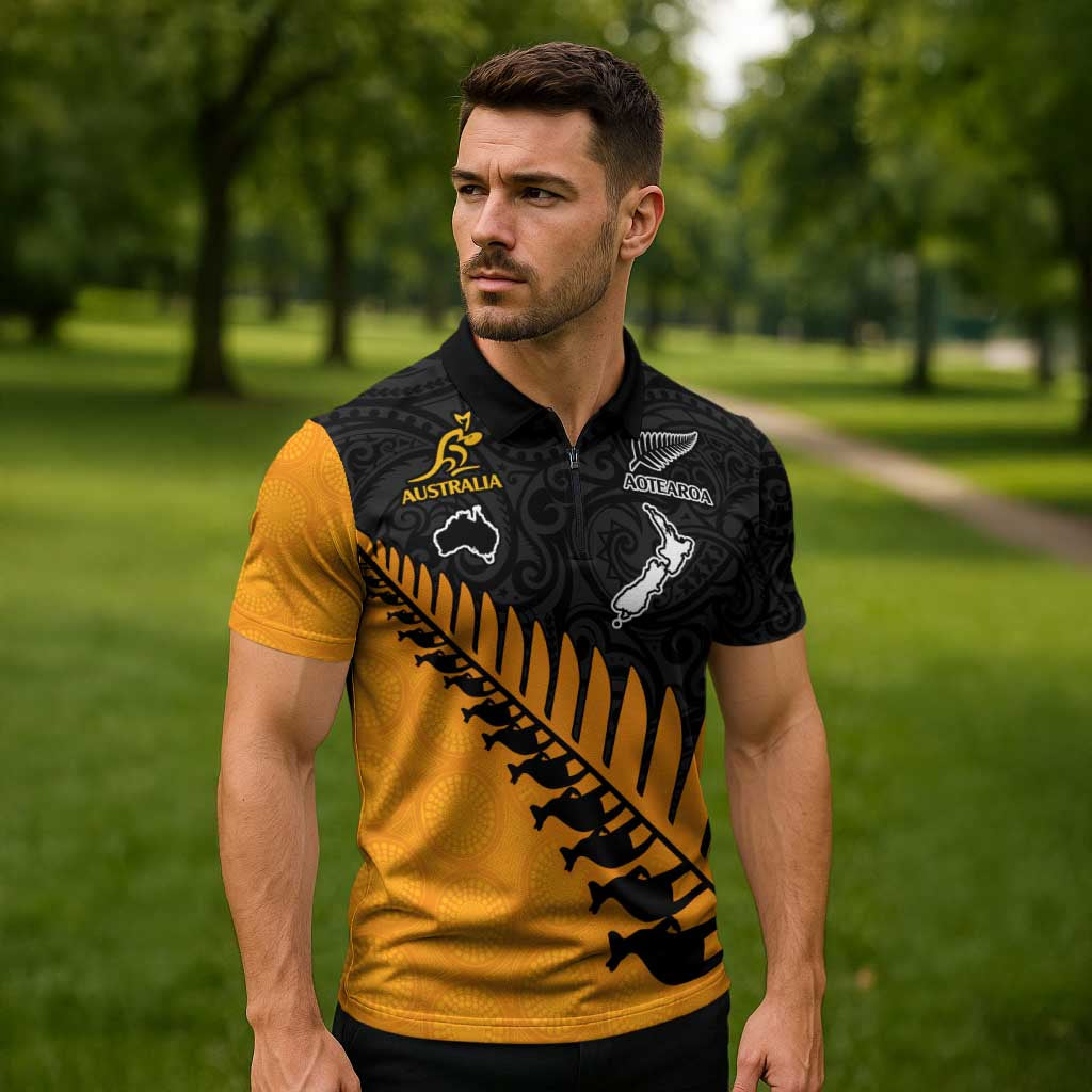 Australia New Zealand Rugby Zipper Polo Shirt Gold Aboriginal Wallabies and Maori Black Fern - Polynesian Pride