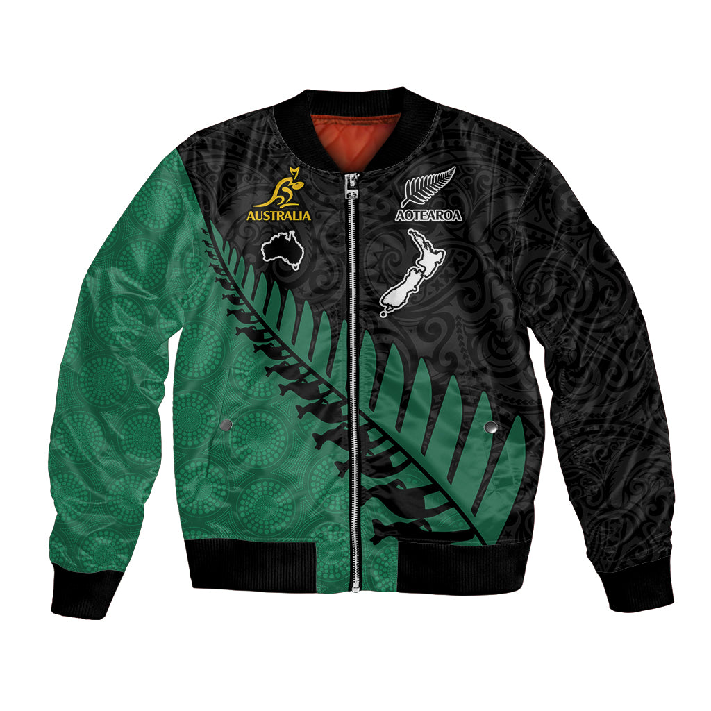 Australia Wallabies and Aotearoa Rugby Bomber Jacket Kangaroo Black Fern Maori Green Vibe LT9 Unisex Green - Polynesian Pride