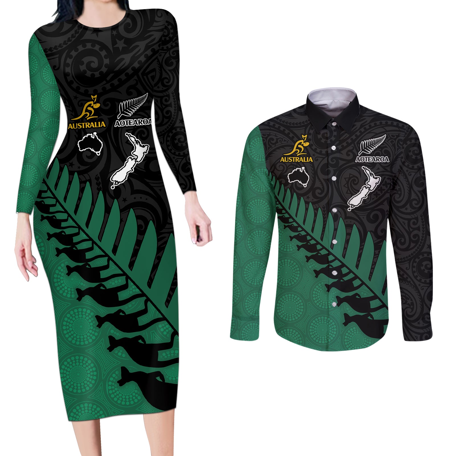 Australia Wallabies and Aotearoa Rugby Couples Matching Long Sleeve Bodycon Dress and Long Sleeve Button Shirts Kangaroo Black Fern Maori Green Vibe LT9 Green - Polynesian Pride