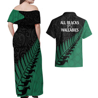 Australia Wallabies and Aotearoa Rugby Couples Matching Off Shoulder Maxi Dress and Hawaiian Shirt Kangaroo Black Fern Maori Green Vibe LT9 - Polynesian Pride