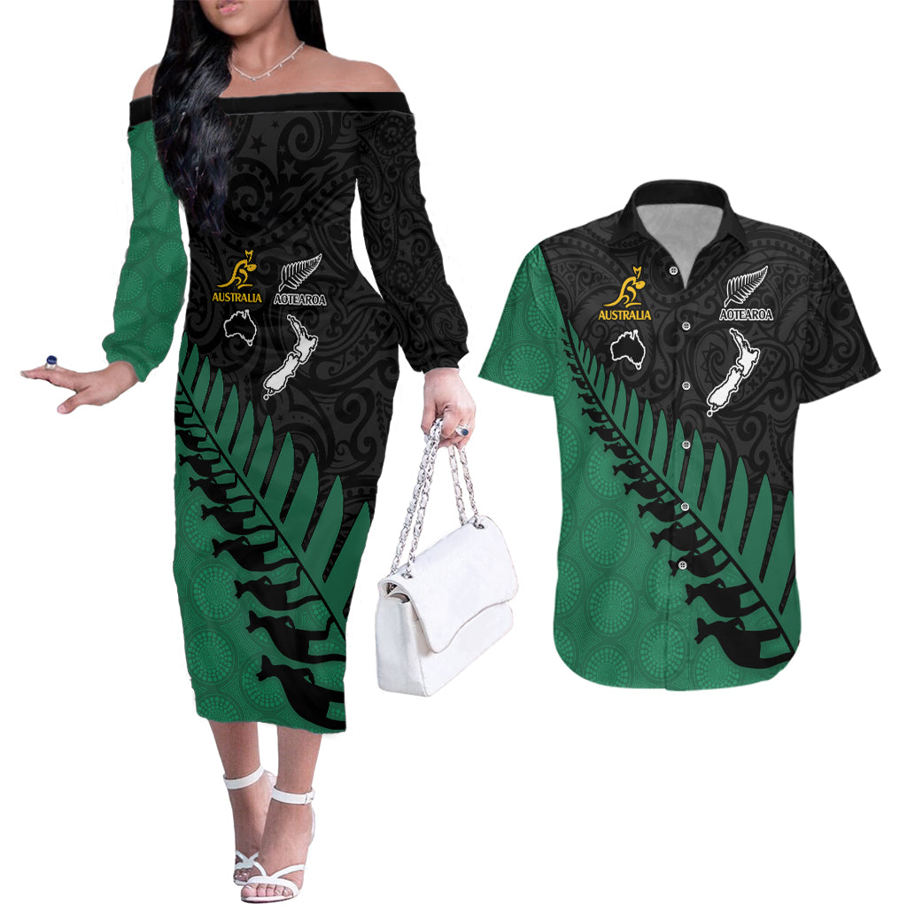 Australia Wallabies and Aotearoa Rugby Couples Matching Off The Shoulder Long Sleeve Dress and Hawaiian Shirt Kangaroo Black Fern Maori Green Vibe LT9 Green - Polynesian Pride