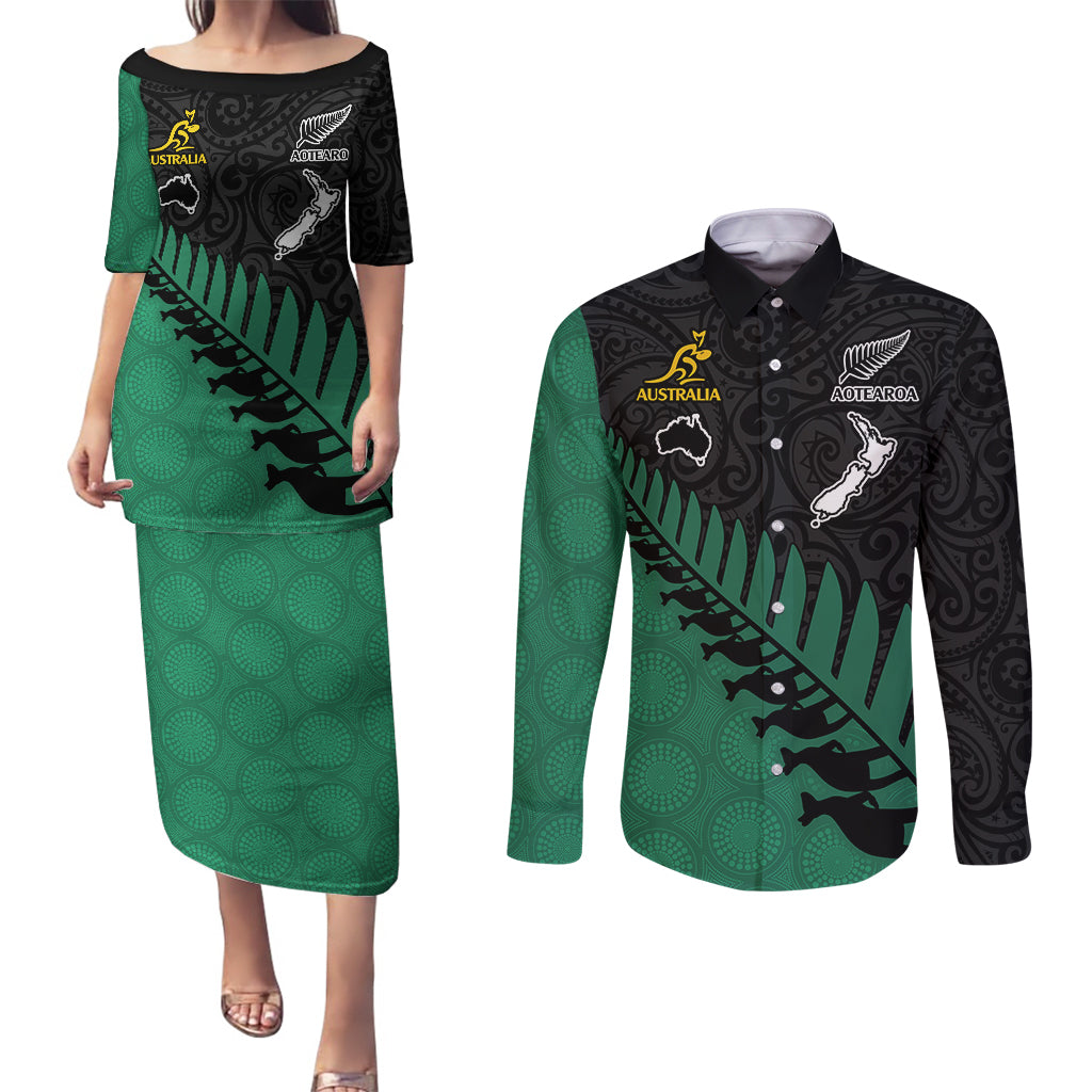 Australia Wallabies and Aotearoa Rugby Couples Matching Puletasi Dress and Long Sleeve Button Shirts Kangaroo Black Fern Maori Green Vibe LT9 Green - Polynesian Pride