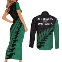 Australia Wallabies and Aotearoa Rugby Couples Matching Short Sleeve Bodycon Dress and Long Sleeve Button Shirts Kangaroo Black Fern Maori Green Vibe LT9 - Polynesian Pride