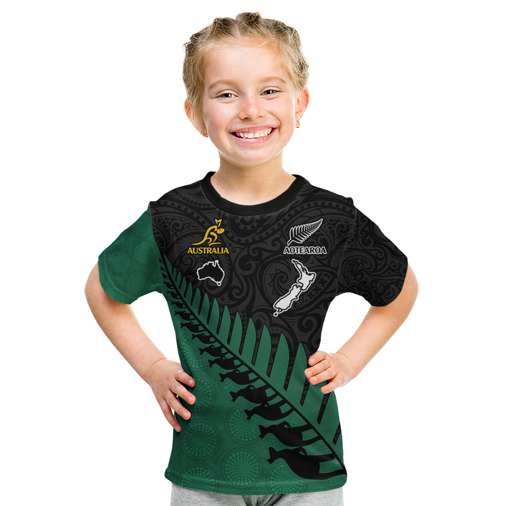 Australia Wallabies and Aotearoa Rugby Kid T Shirt Kangaroo Black Fern Maori Green Vibe LT9 Green - Polynesian Pride