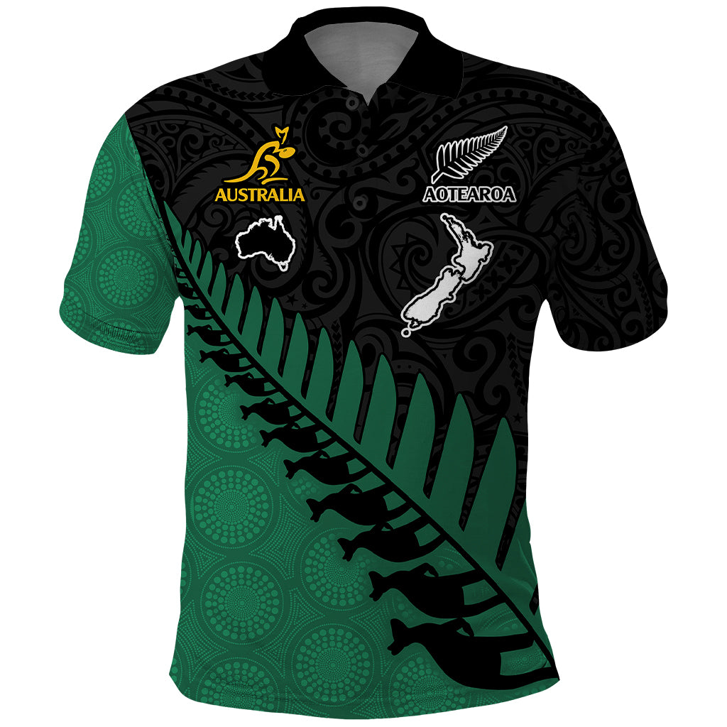 Australia New Zealand Rugby Polo Shirt Aboriginal Wallabies and Maori Black Fern Green Vibe LT9 Green - Polynesian Pride