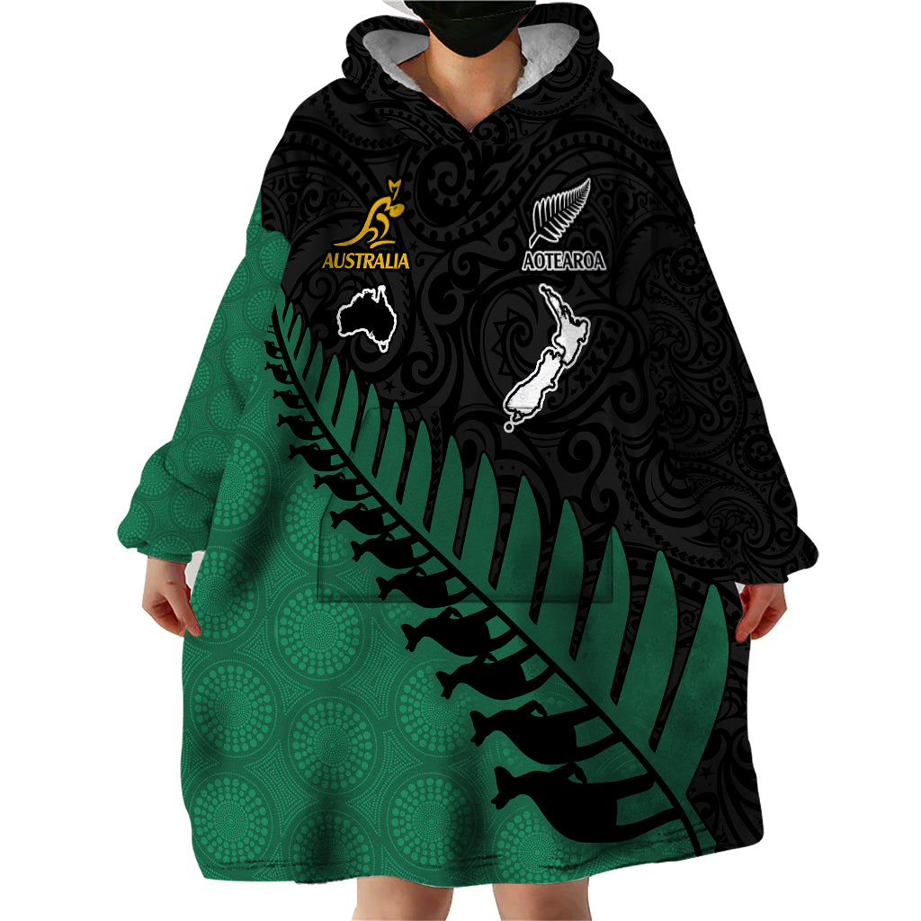 Australia Wallabies and Aotearoa Rugby Wearable Blanket Hoodie Kangaroo Black Fern Maori Green Vibe LT9 - Polynesian Pride