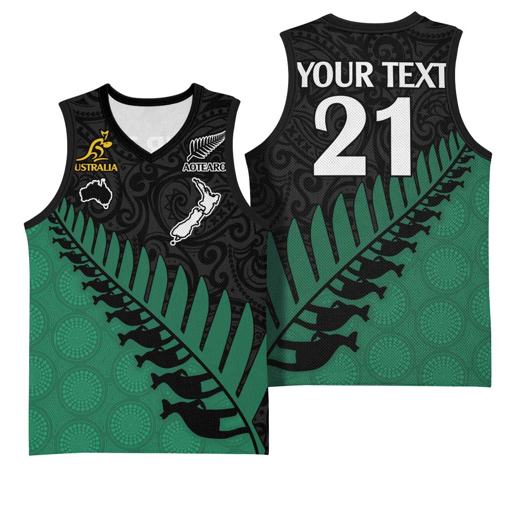 Australia New Zealand Rugby Basketball Jersey Green Aboriginal Wallabies and Maori Black Fern - Polynesian Pride