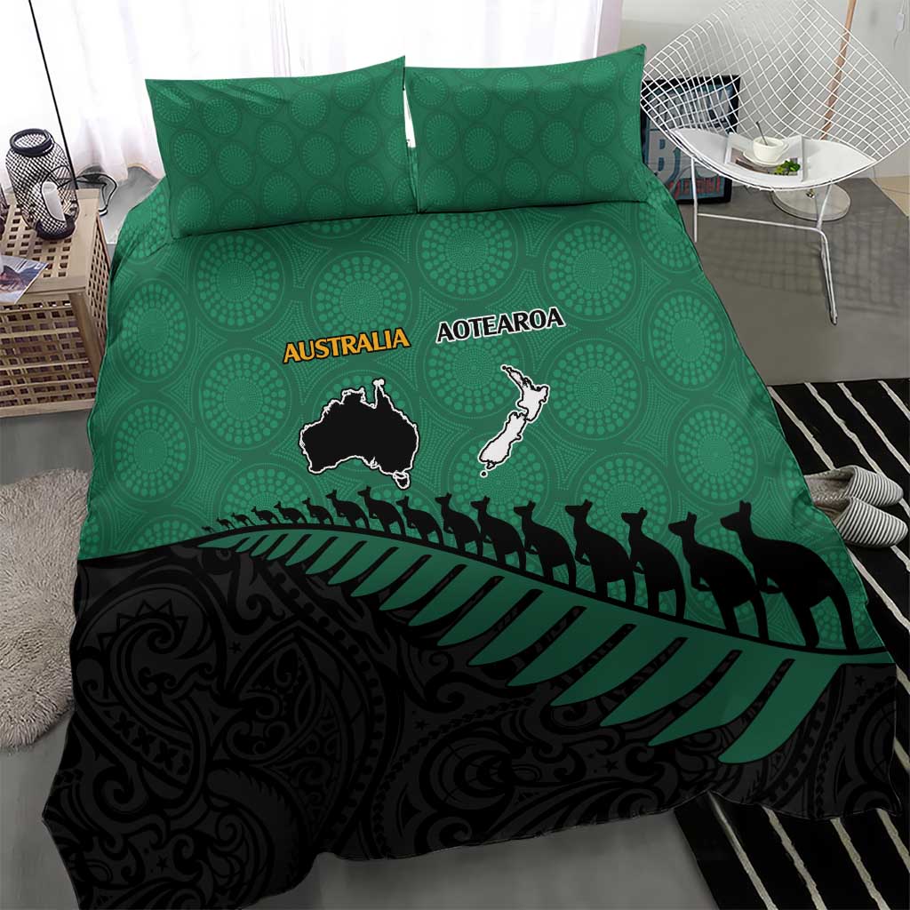 Australia New Zealand Rugby Bedding Set Green Aboriginal Wallabies and Maori Black Fern - Polynesian Pride