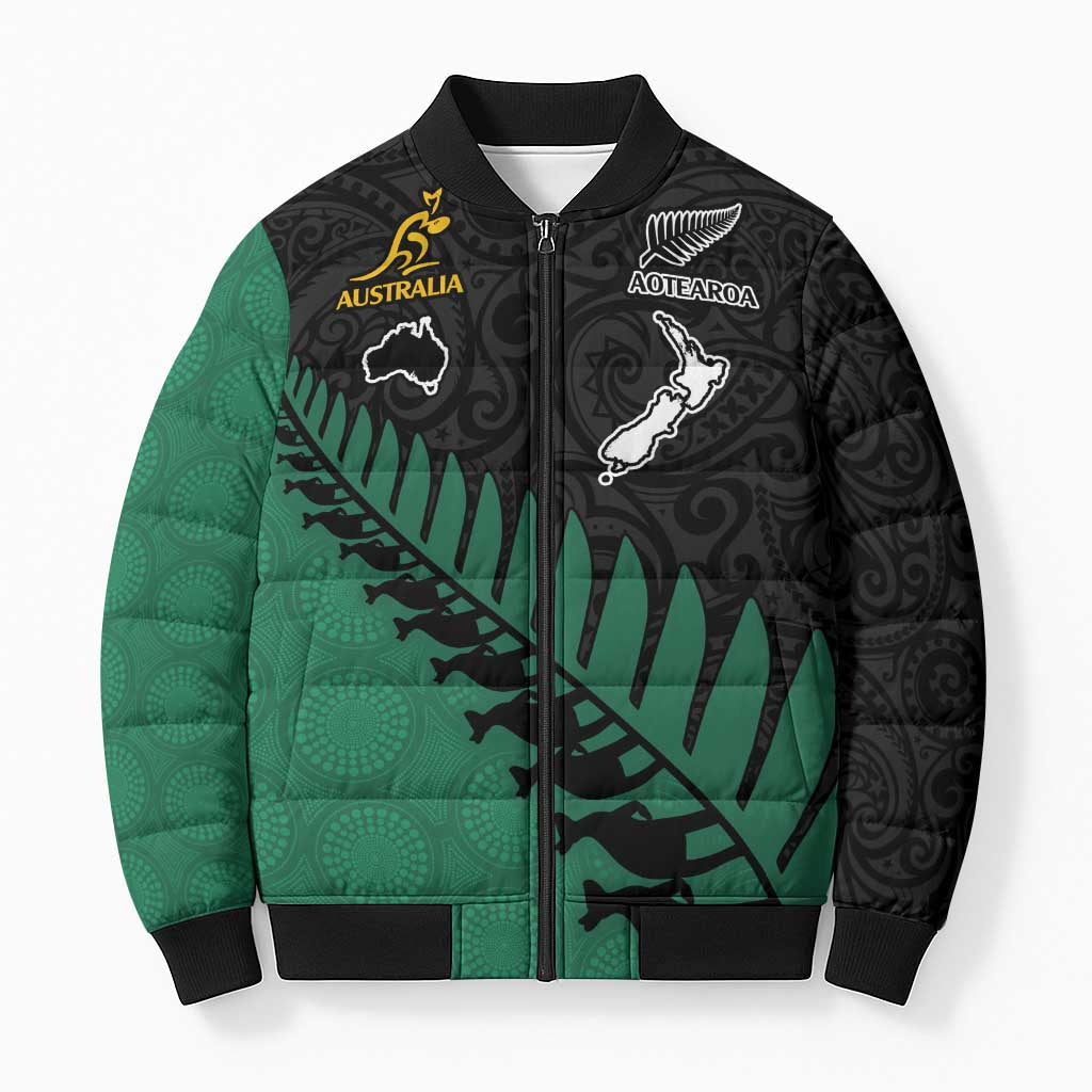 Australia New Zealand Rugby Bomber Puffer Jacket Green Aboriginal Wallabies and Maori Black Fern - Polynesian Pride