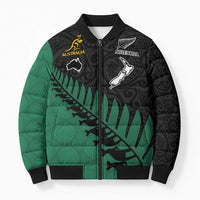 Australia New Zealand Rugby Bomber Puffer Jacket Green Aboriginal Wallabies and Maori Black Fern - Polynesian Pride