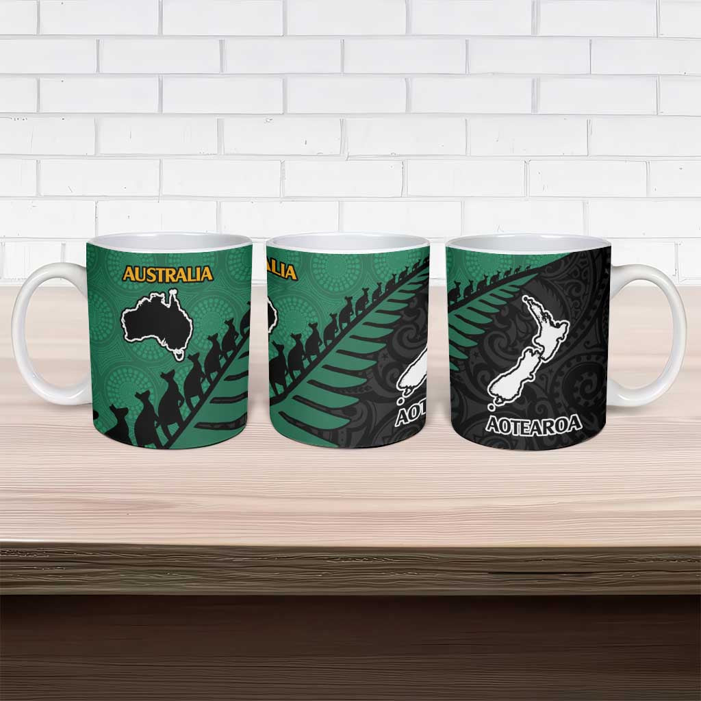 Australia New Zealand Rugby Ceramic Mug Green Aboriginal Wallabies and Maori Black Fern - Polynesian Pride