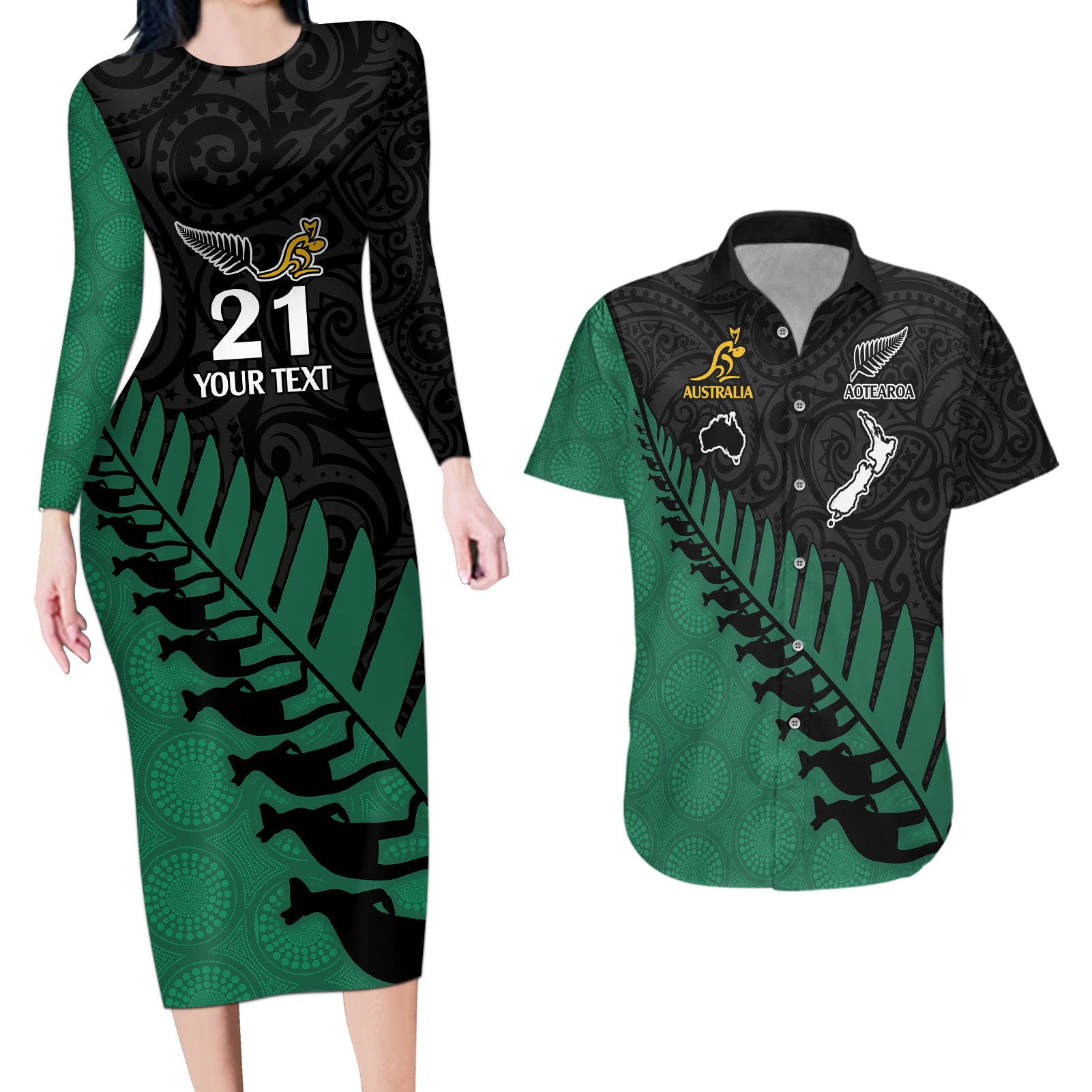 Custom Australia Wallabies and Aotearoa Rugby Couples Matching Long Sleeve Bodycon Dress and Hawaiian Shirt Kangaroo Black Fern Maori Green Vibe LT9 Green - Polynesian Pride