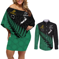 Custom Australia Wallabies and Aotearoa Rugby Couples Matching Off Shoulder Short Dress and Long Sleeve Button Shirts Kangaroo Black Fern Maori Green Vibe LT9 Green - Polynesian Pride