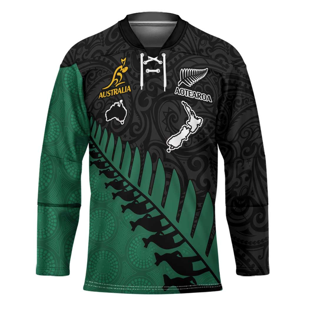 Australia New Zealand Rugby Hockey Jersey Green Aboriginal Wallabies and Maori Black Fern - Polynesian Pride