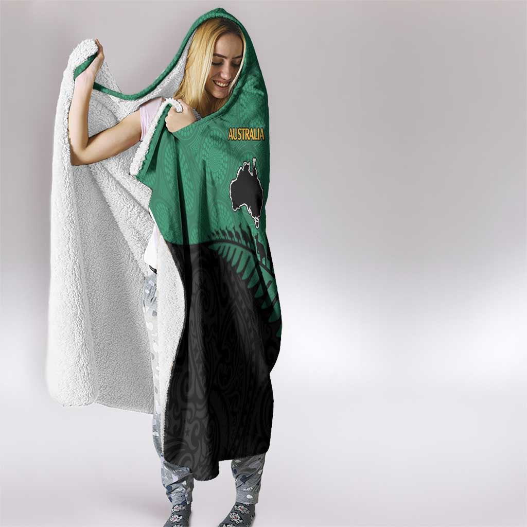 Australia New Zealand Rugby Hooded Blanket Green Aboriginal Wallabies and Maori Black Fern - Polynesian Pride