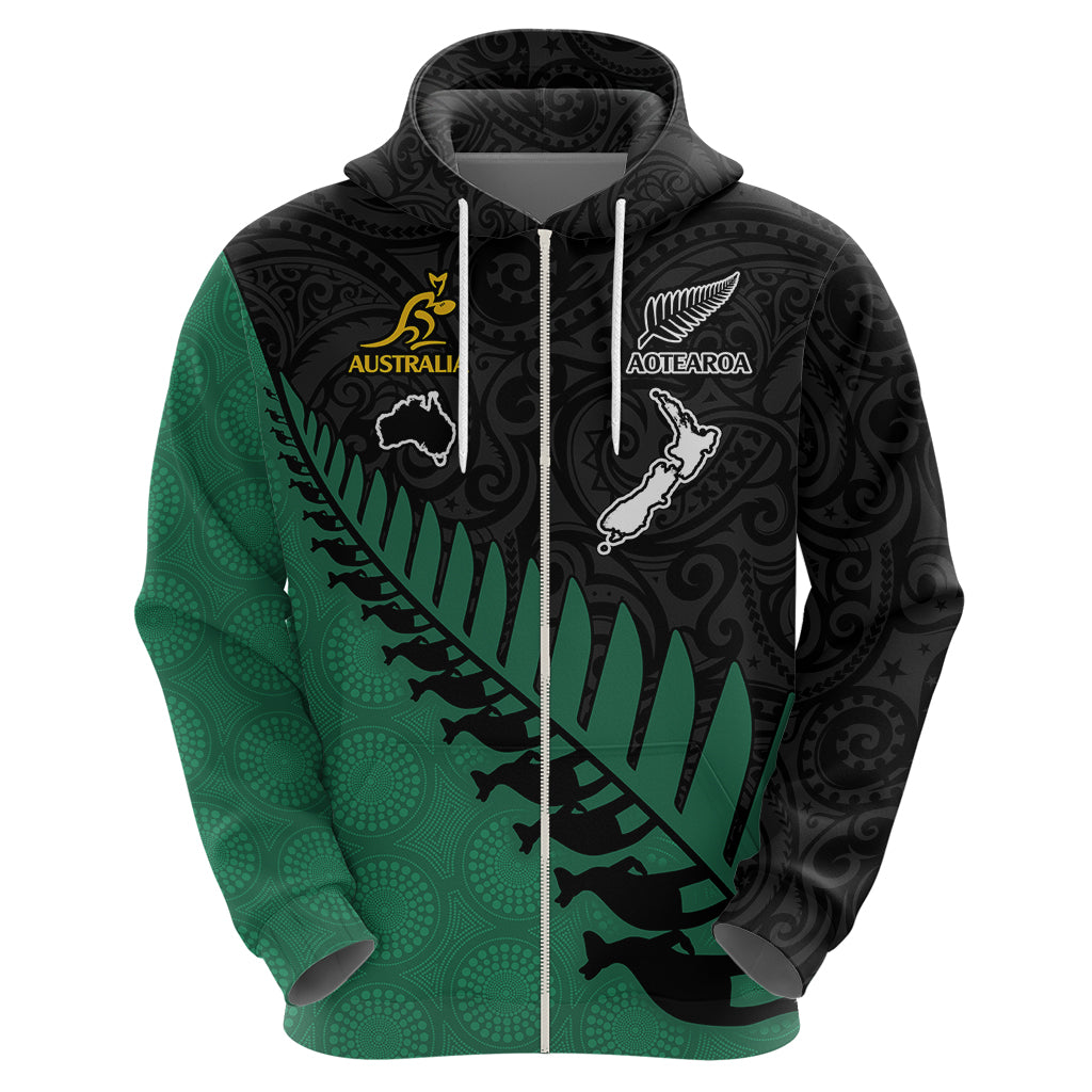 Custom Australia Wallabies and Aotearoa Rugby Hoodie Kangaroo Black Fern Maori Green Vibe LT9 - Polynesian Pride