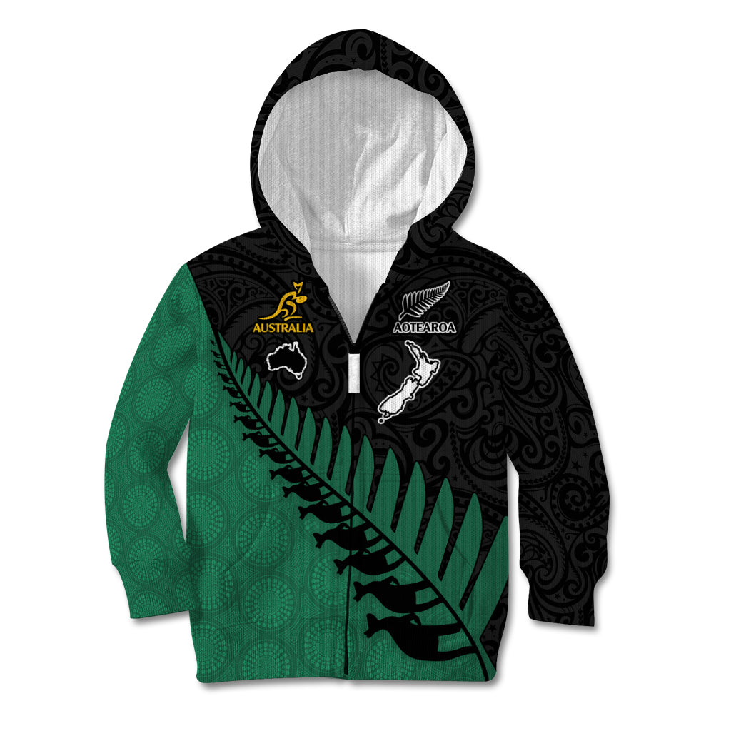 Custom Australia Wallabies and Aotearoa Rugby Kid Hoodie Kangaroo Black Fern Maori Green Vibe LT9 - Polynesian Pride