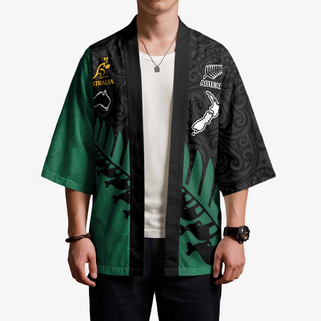 Australia New Zealand Rugby Kimono Green Aboriginal Wallabies and Maori Black Fern - Polynesian Pride