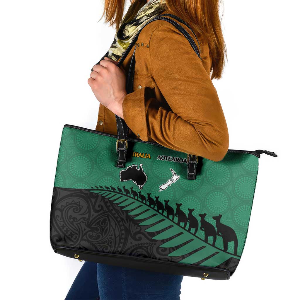 Australia New Zealand Rugby Leather Tote Bag Green Aboriginal Wallabies and Maori Black Fern - Polynesian Pride