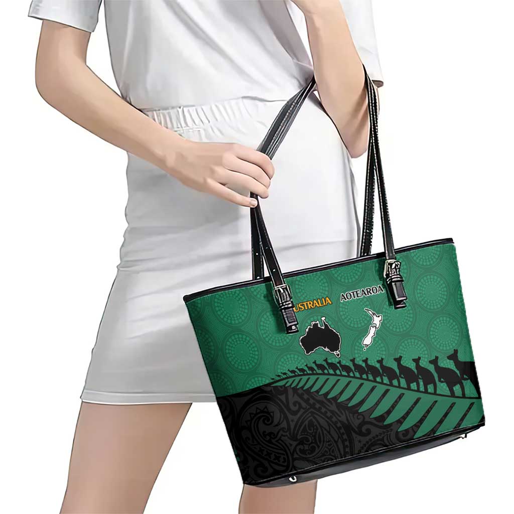 Australia New Zealand Rugby Leather Tote Bag Green Aboriginal Wallabies and Maori Black Fern - Polynesian Pride