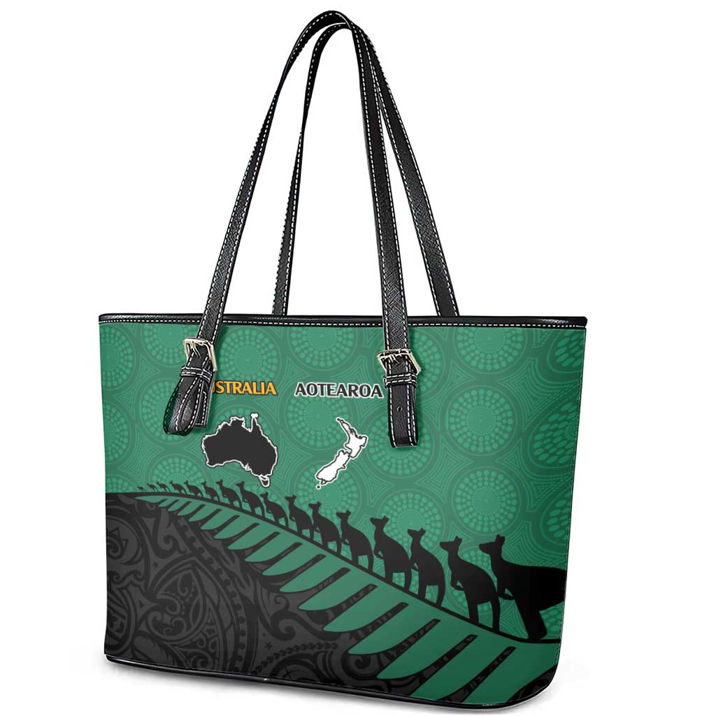 Australia New Zealand Rugby Leather Tote Bag Green Aboriginal Wallabies and Maori Black Fern - Polynesian Pride