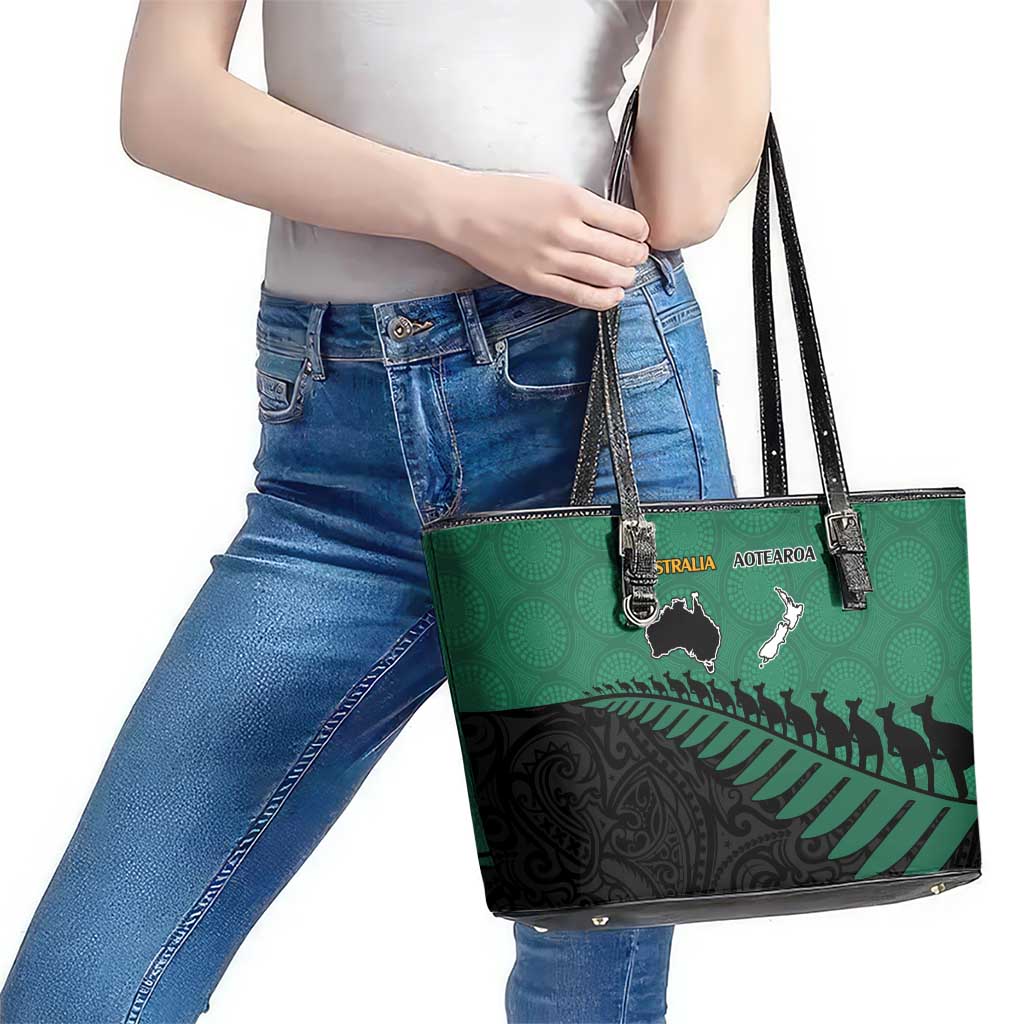 Australia New Zealand Rugby Leather Tote Bag Green Aboriginal Wallabies and Maori Black Fern - Polynesian Pride