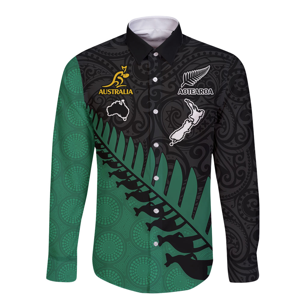 Custom Australia Wallabies and Aotearoa Rugby Long Sleeve Button Shirt Kangaroo Black Fern Maori Green Vibe LT9 Unisex Green - Polynesian Pride