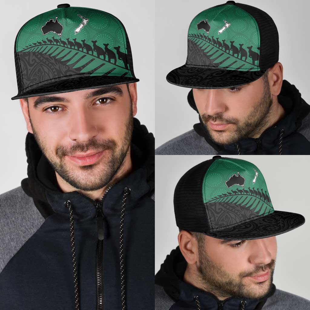 Australia New Zealand Rugby Mesh Trucker Cap Green Aboriginal Wallabies and Maori Black Fern - Polynesian Pride