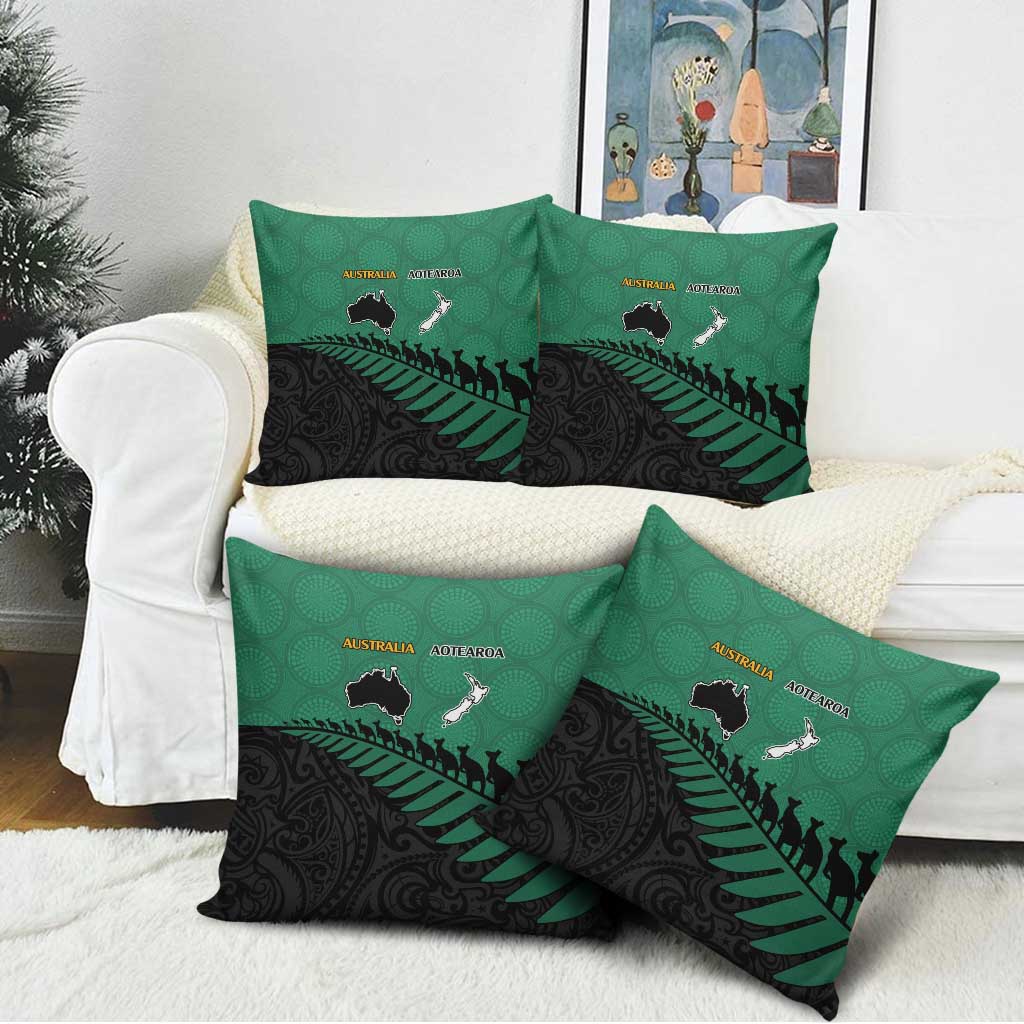 Australia New Zealand Rugby Pillow Cover Green Aboriginal Wallabies and Maori Black Fern - Polynesian Pride