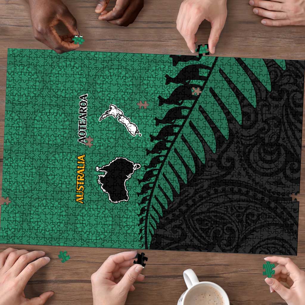 Australia New Zealand Rugby Puzzle Green Aboriginal Wallabies and Maori Black Fern - Polynesian Pride
