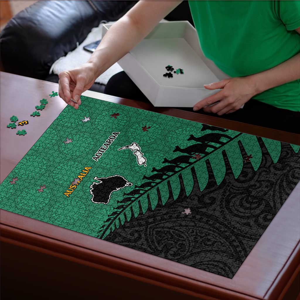 Australia New Zealand Rugby Puzzle Green Aboriginal Wallabies and Maori Black Fern - Polynesian Pride