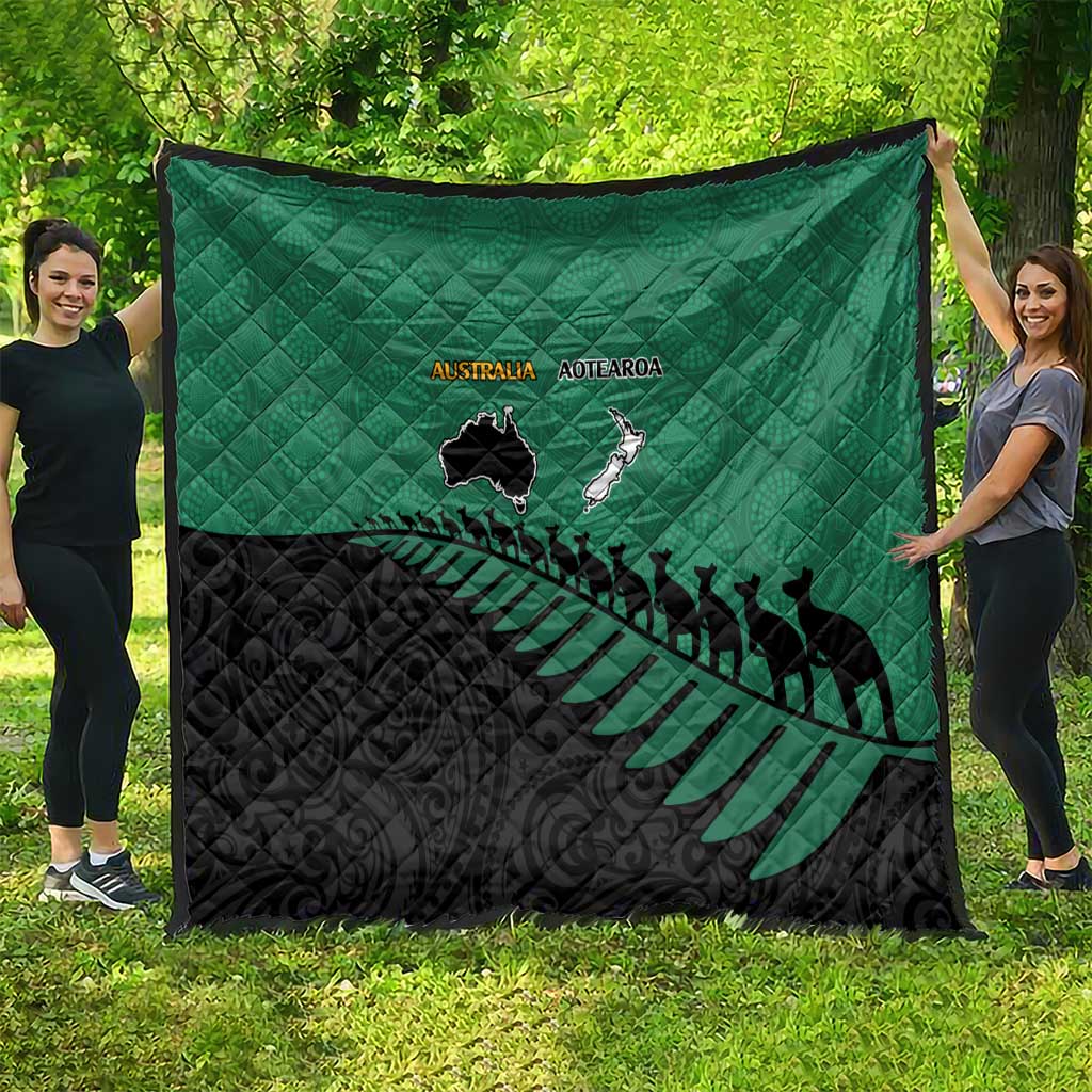 Australia New Zealand Rugby Quilt Green Aboriginal Wallabies and Maori Black Fern - Polynesian Pride