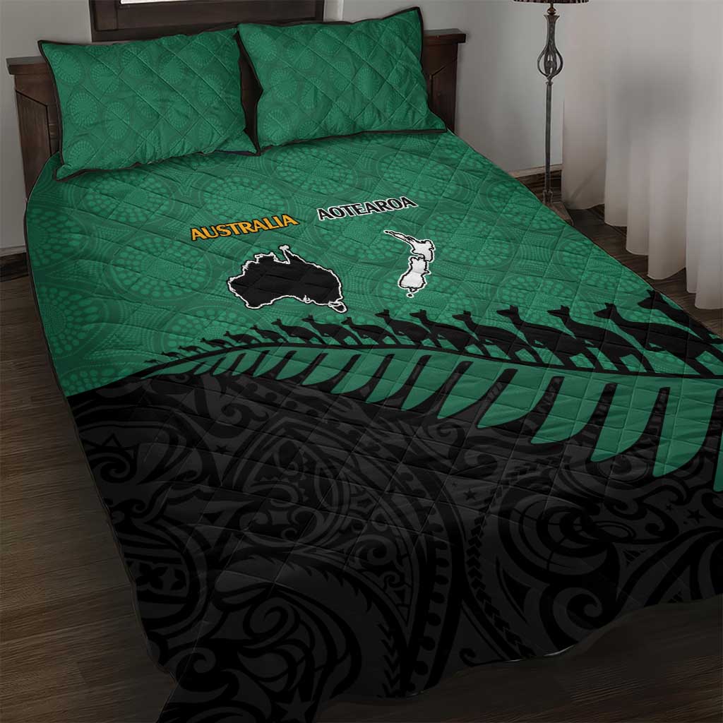 Australia New Zealand Rugby Quilt Bed Set Green Aboriginal Wallabies and Maori Black Fern - Polynesian Pride