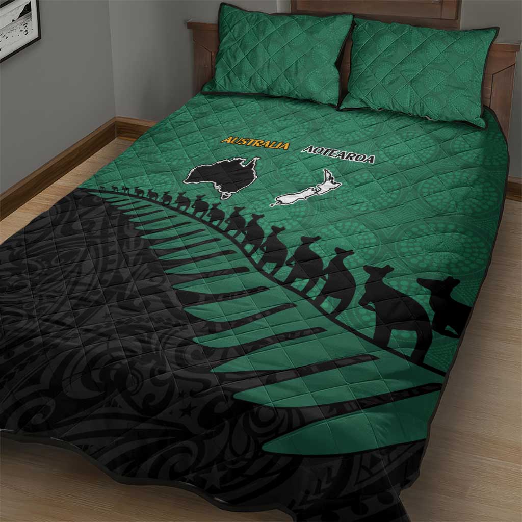 Australia New Zealand Rugby Quilt Bed Set Green Aboriginal Wallabies and Maori Black Fern - Polynesian Pride
