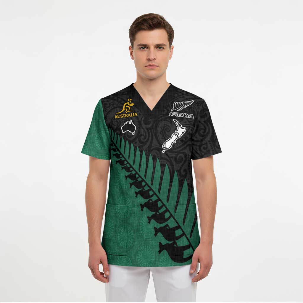Australia New Zealand Rugby Scrub Top Green Aboriginal Wallabies and Maori Black Fern - Polynesian Pride