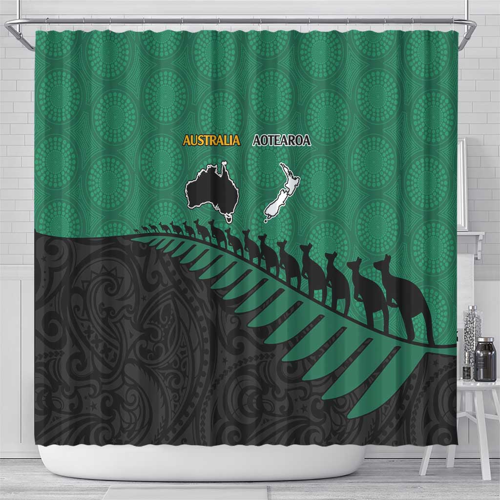Australia New Zealand Rugby Shower Curtain Green Aboriginal Wallabies and Maori Black Fern - Polynesian Pride