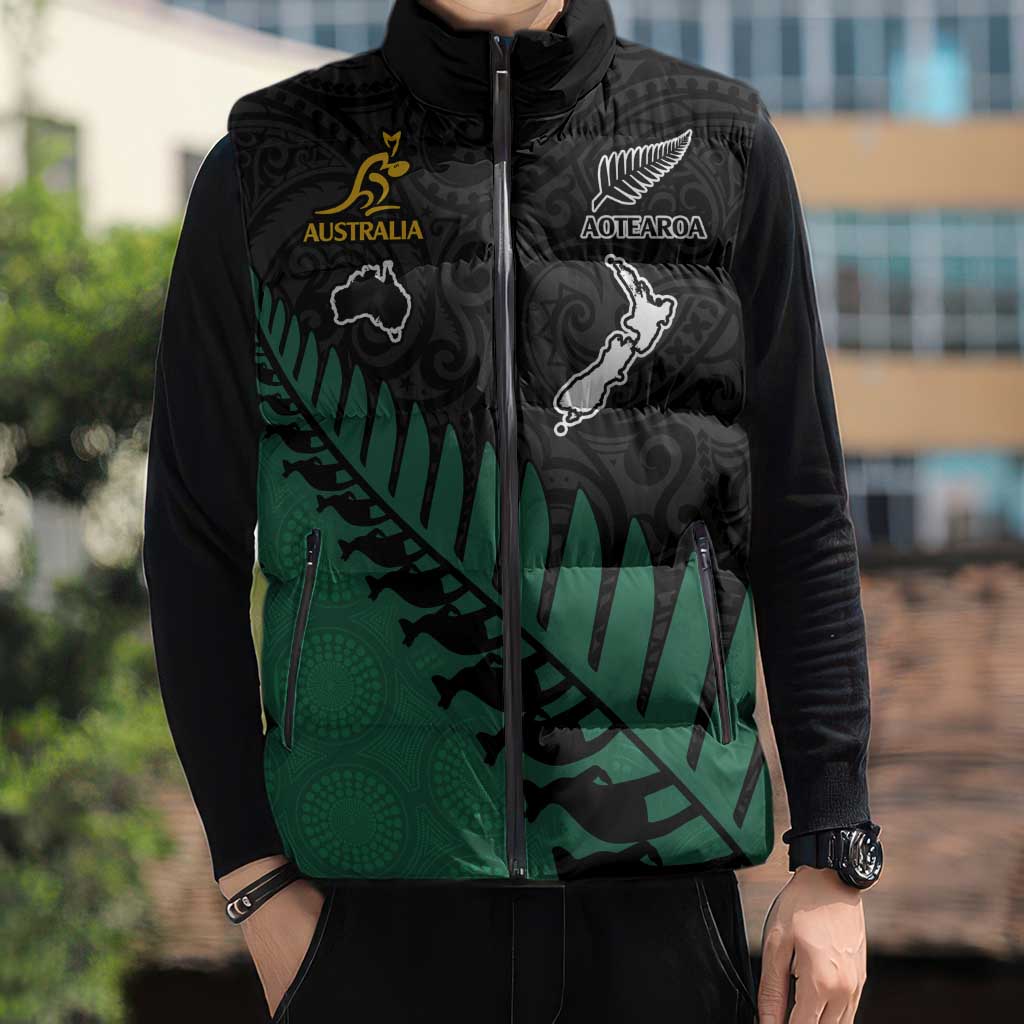 Australia New Zealand Rugby Sleeveless Puffer Jacket Green Aboriginal Wallabies and Maori Black Fern - Polynesian Pride