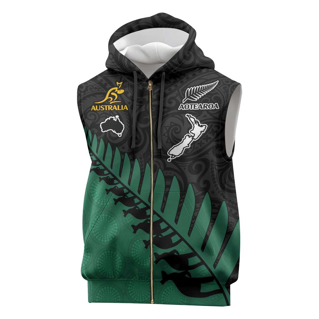 Australia New Zealand Rugby Sleeveless Zip Hoodie Green Aboriginal Wallabies and Maori Black Fern - Polynesian Pride
