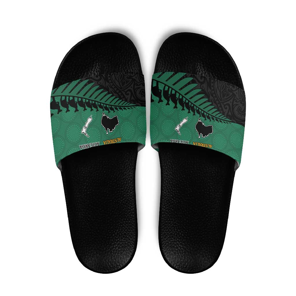 Australia New Zealand Rugby Slide Sandals Green Aboriginal Wallabies and Maori Black Fern LT9 Green - Polynesian Pride