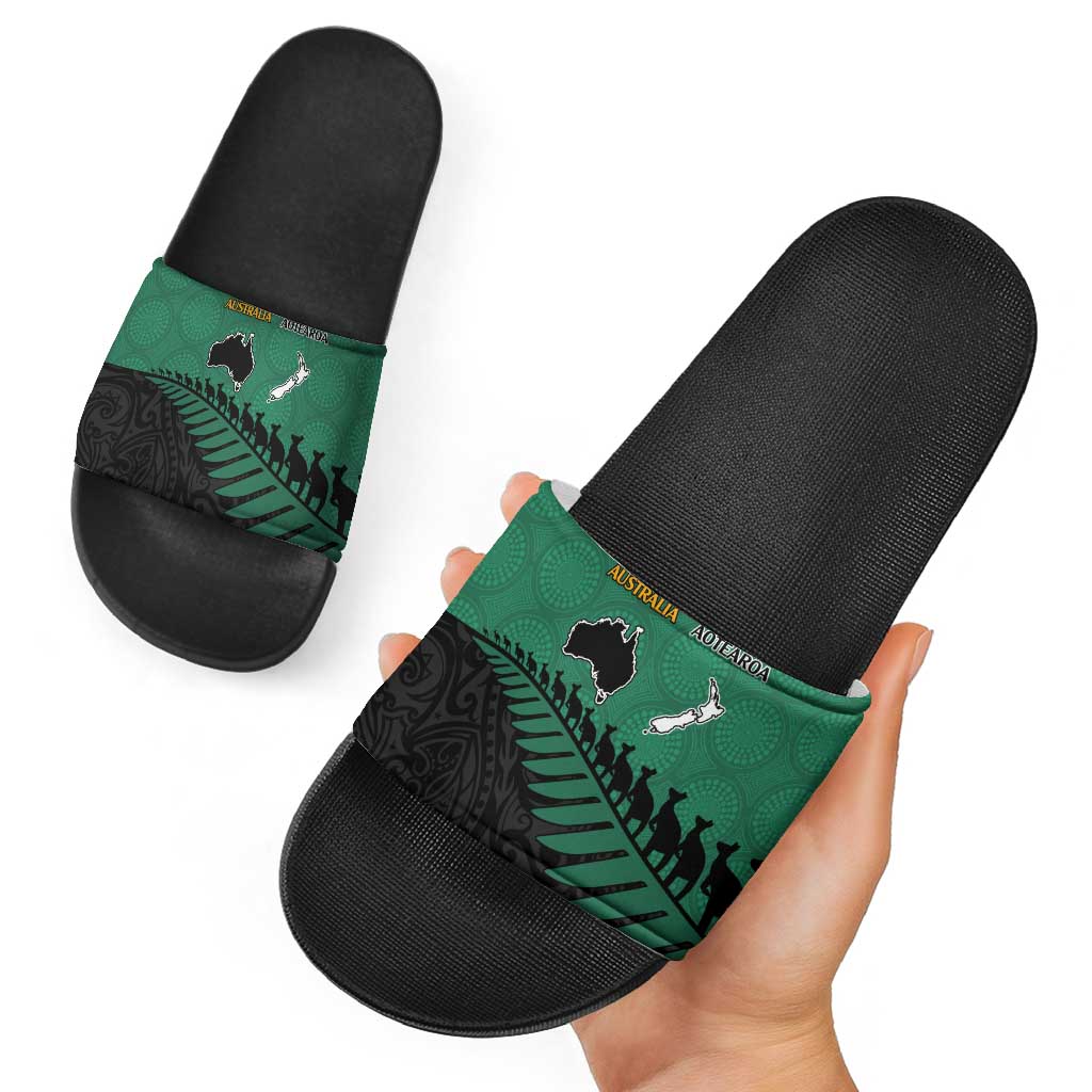 Australia New Zealand Rugby Slide Sandals Green Aboriginal Wallabies and Maori Black Fern LT9 - Polynesian Pride