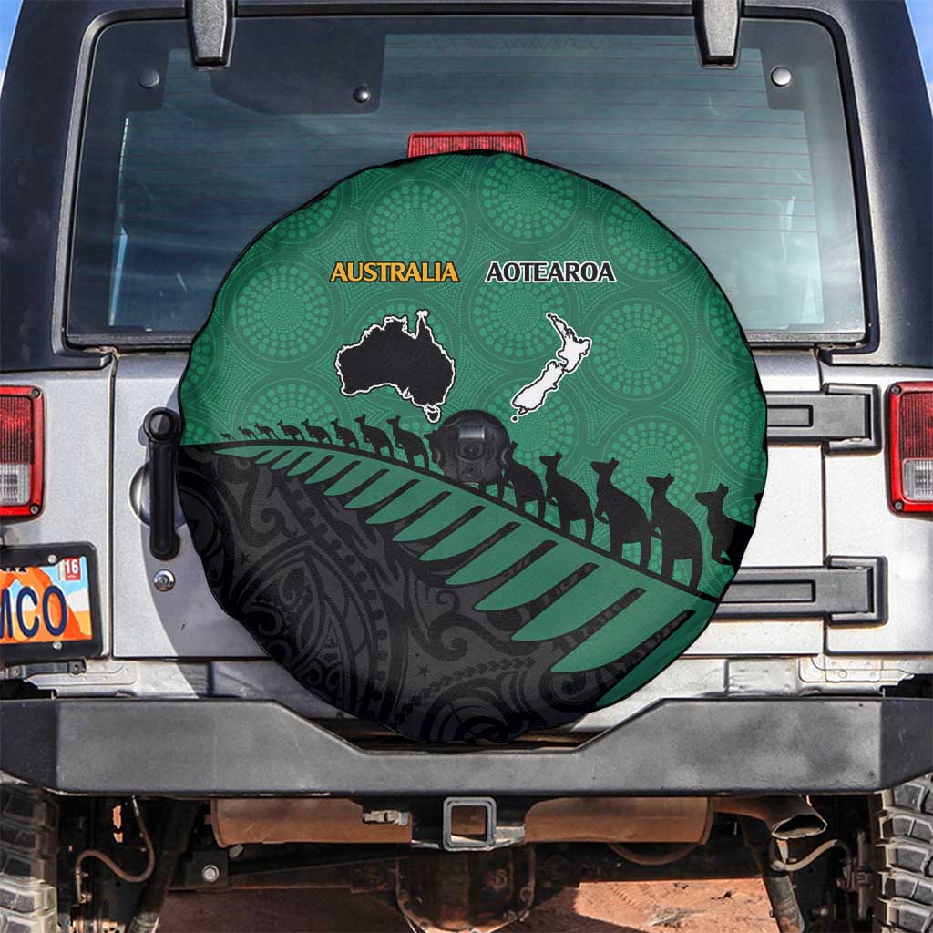 Australia New Zealand Rugby Spare Tire Cover Green Aboriginal Wallabies and Maori Black Fern - Polynesian Pride