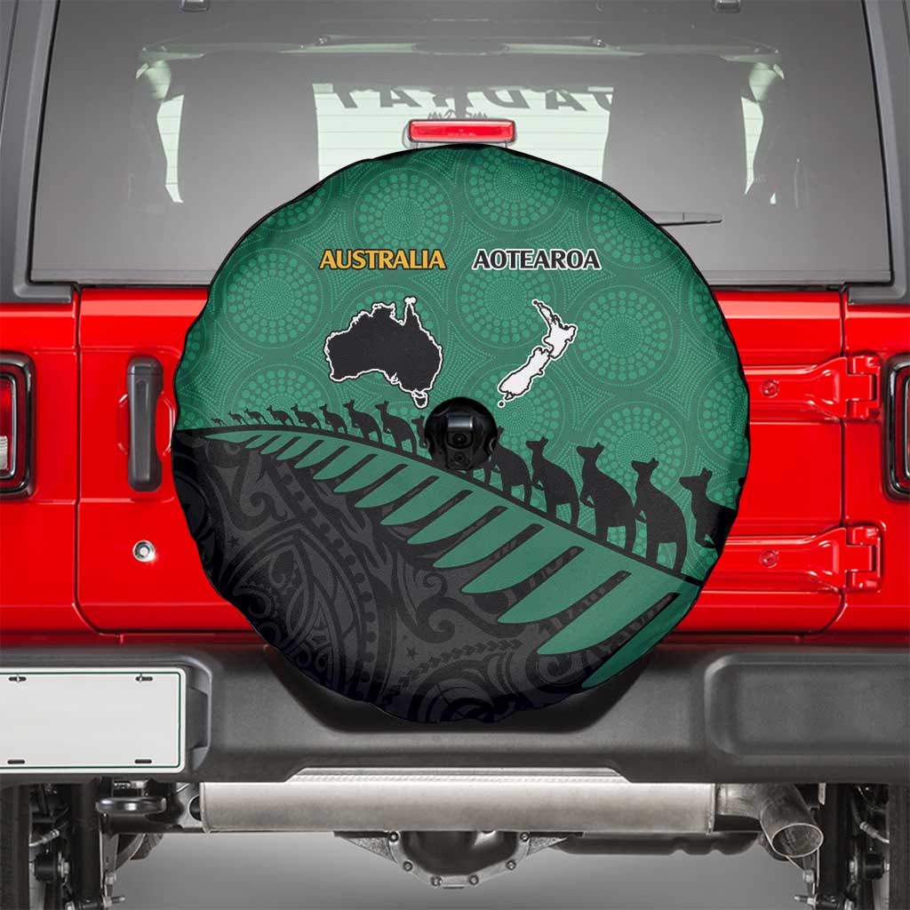 Australia New Zealand Rugby Spare Tire Cover Green Aboriginal Wallabies and Maori Black Fern - Polynesian Pride