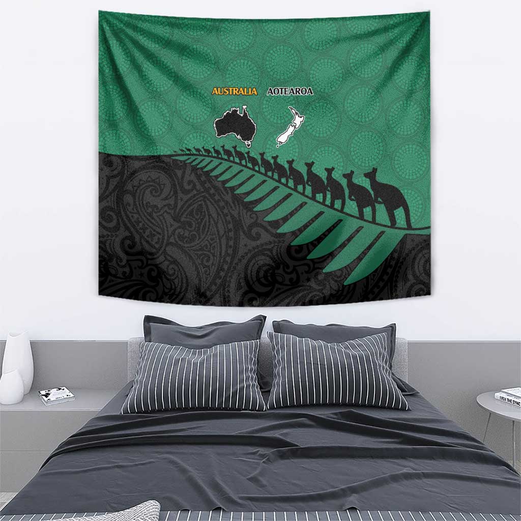 Australia New Zealand Rugby Tapestry Green Aboriginal Wallabies and Maori Black Fern LT9 - Polynesian Pride
