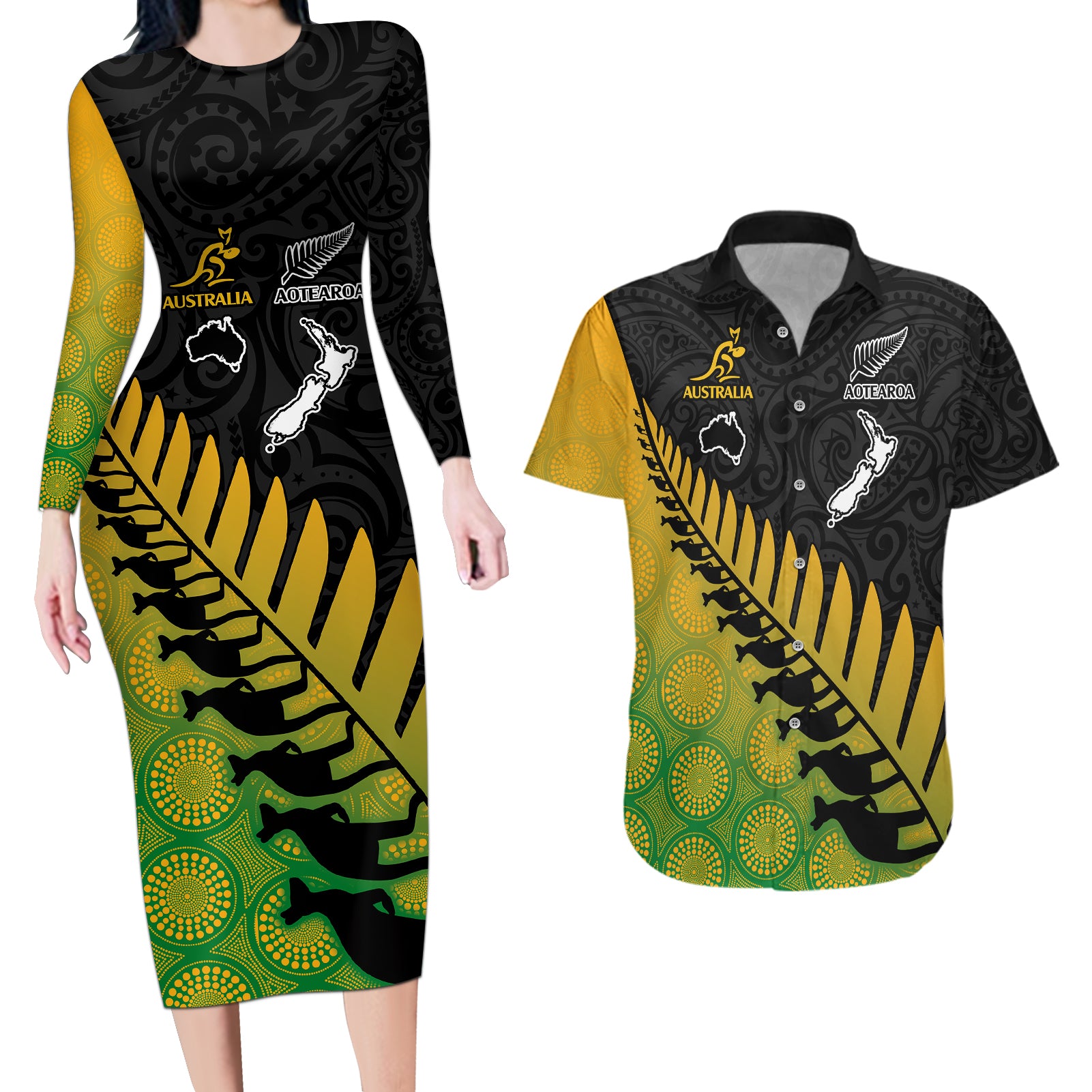 Australia Wallabies and Aotearoa Rugby Couples Matching Long Sleeve Bodycon Dress and Hawaiian Shirt Kangaroo Black Fern Maori Gradient Vibe LT9 Gradient - Polynesian Pride