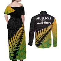 Australia Wallabies and Aotearoa Rugby Couples Matching Off Shoulder Maxi Dress and Long Sleeve Button Shirts Kangaroo Black Fern Maori Gradient Vibe LT9 - Polynesian Pride